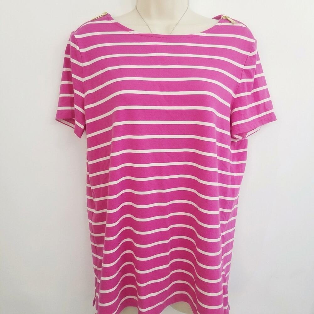 Michael Kors Pink White Striped Boat Neck Top Gold Zip Shoulder Short Sleeve- L-